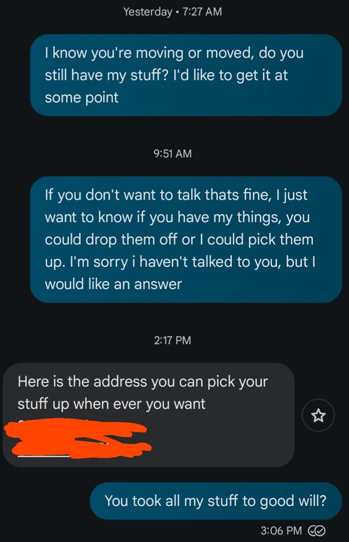 Text message exchange showing entitled family members demanding their belongings and accusing others of taking their stuff.