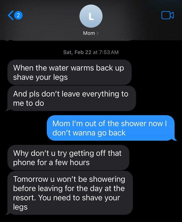 Text message exchange showing entitled family member insisting on shaving legs despite reluctance, illustrating entitled family behavior.