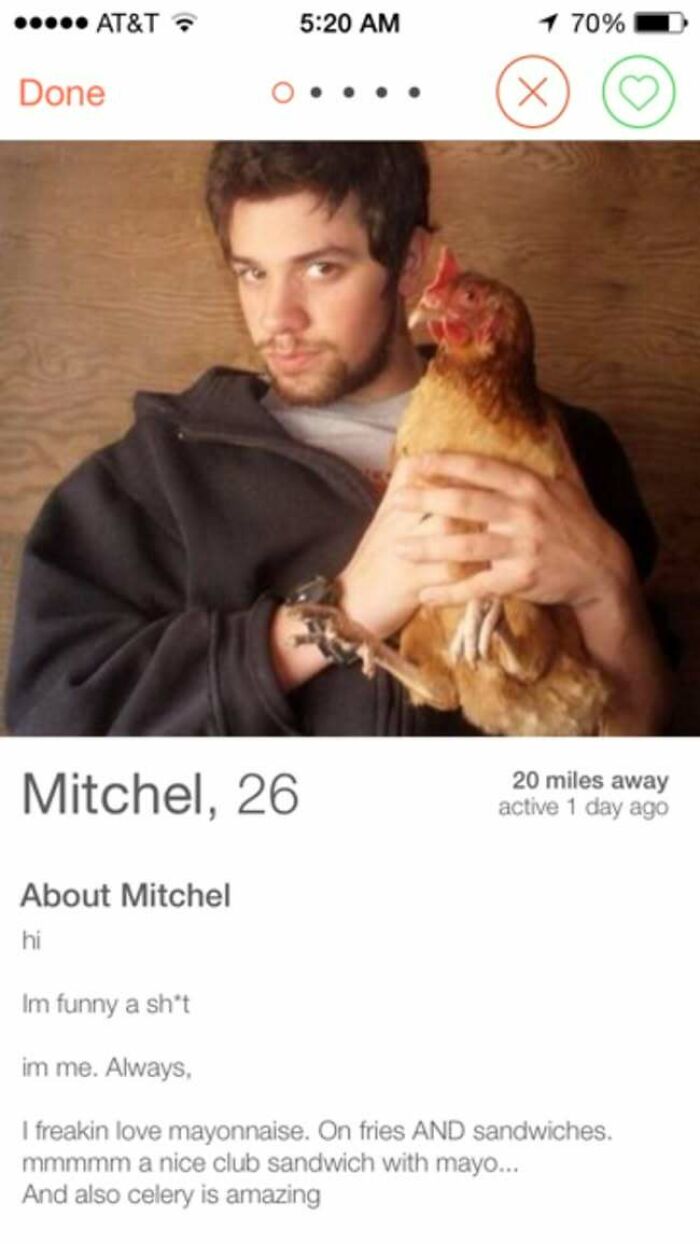 Tinder profile of a man holding a chicken, showcasing a funny and quirky dating profile with casual bio text.