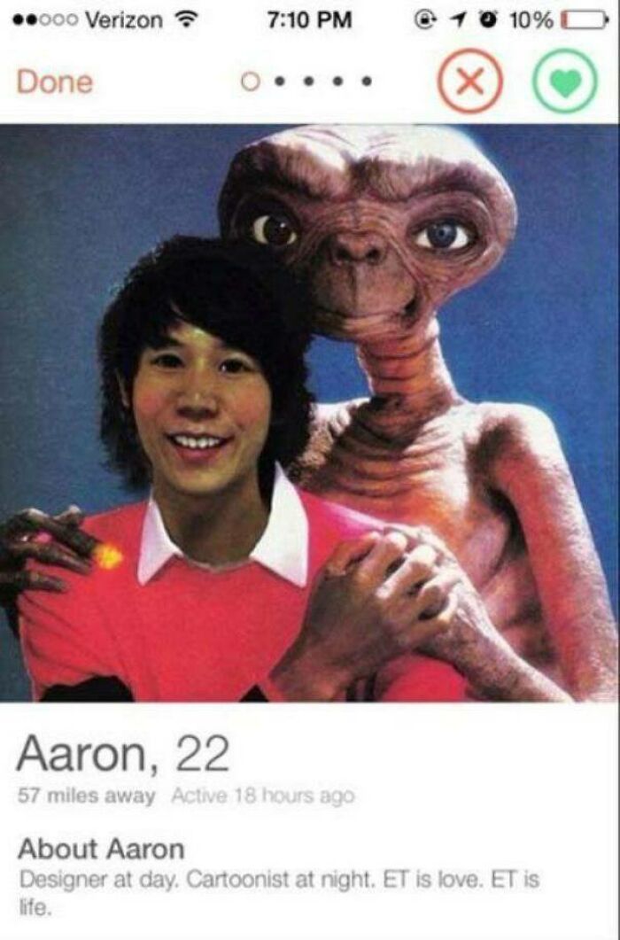 Tinder profile of Aaron, 22, humorously featuring ET with caption about love and life, showcasing funny and cringe dating moments.