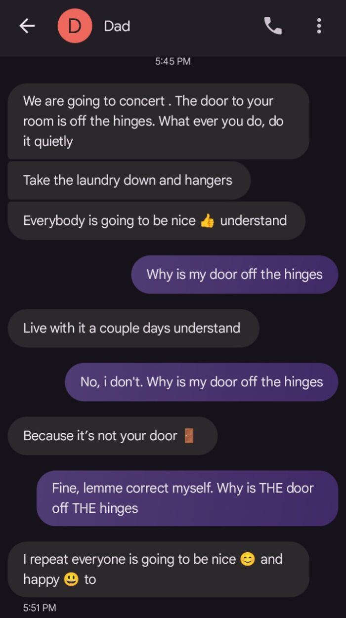 Text message conversation showing entitled family member demanding silence over a door off its hinges and insisting everyone be nice.