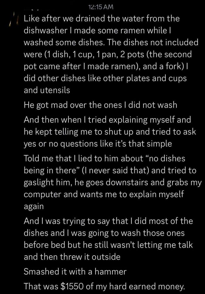 Text screenshot showing an example of entitled family members arguing and destroying property over dishwashing duties.