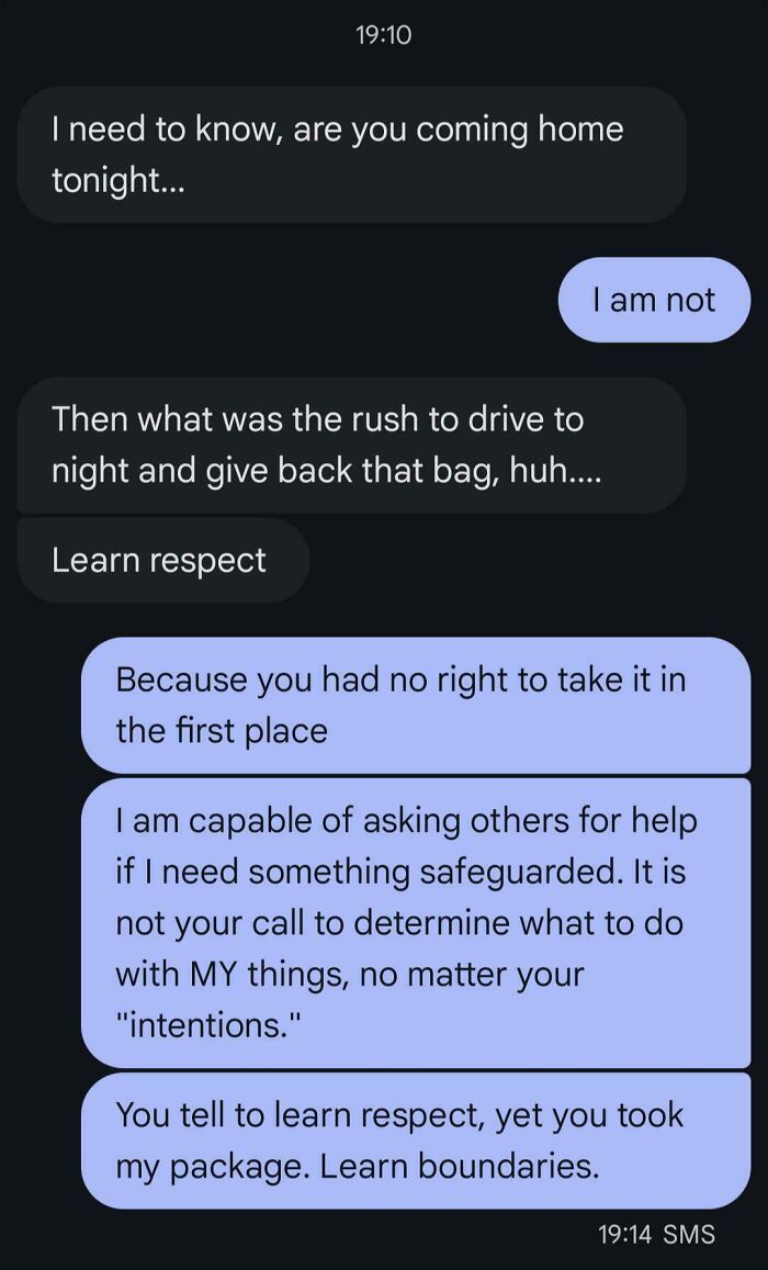 Text message exchange showing entitled family member demanding respect after taking a package without permission.