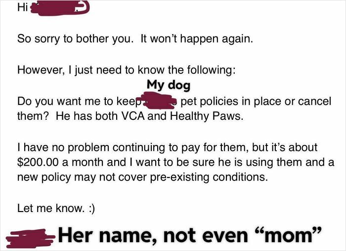 Screenshot of a text message discussing pet policies and insurance costs, illustrating entitled family members' behaviors.