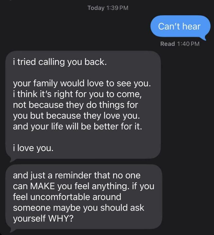 Text message conversation discussing family love and setting emotional boundaries, highlighting entitled family members behavior.