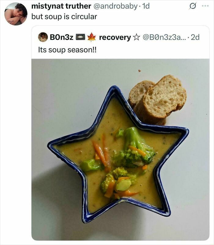Star-shaped bowl of vegetable soup with bread slices, showcasing unhinged sentences that surprise and leave everyone speechless.