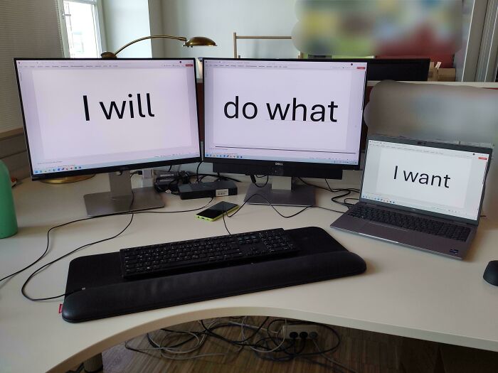 Three screens on a desk display the sarcastic phrase I will do what I want, illustrating sarcastic images for irony.