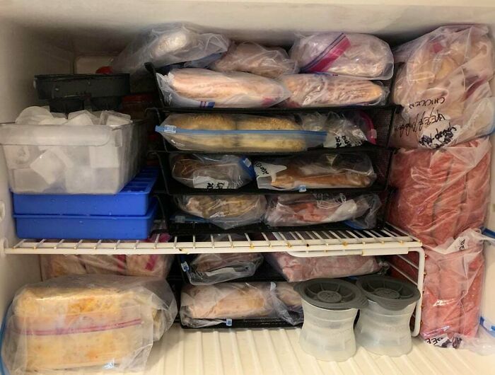 Organized freezer with labeled bags and trays, showcasing genius ideas for solving annoying storage problems efficiently.
