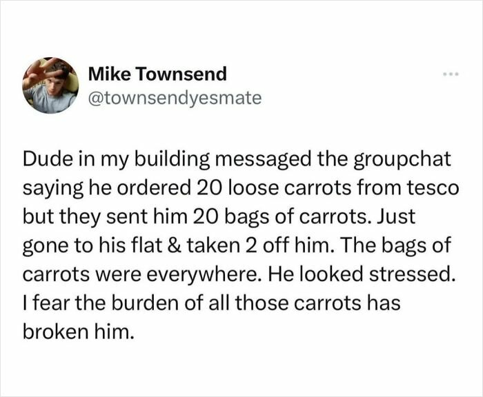 Screenshot of a humorous social media post about unhinged sentences involving 20 bags of carrots and stress.