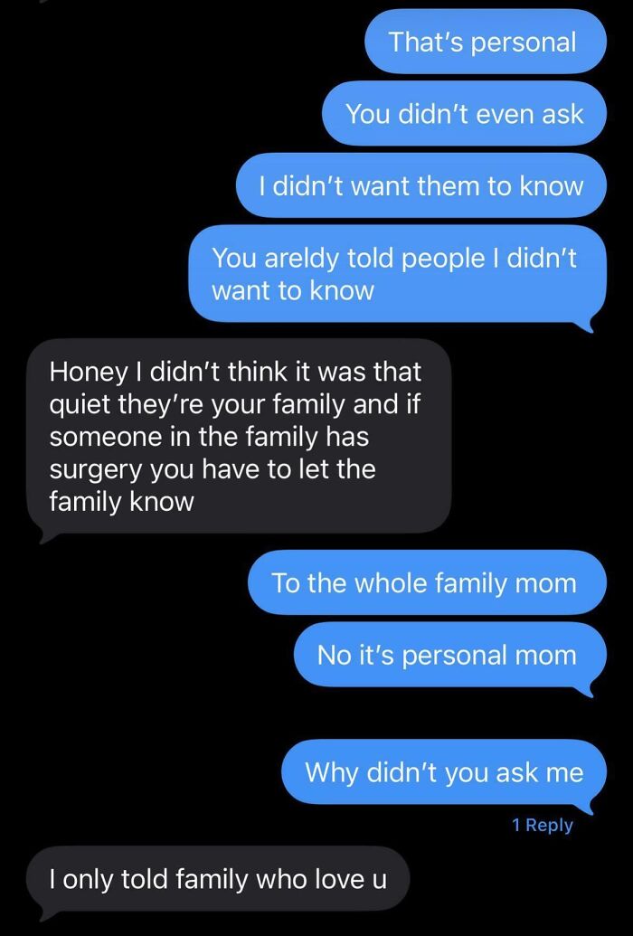 Text message exchange showing delusional family members arguing about sharing personal surgery news with the whole family.