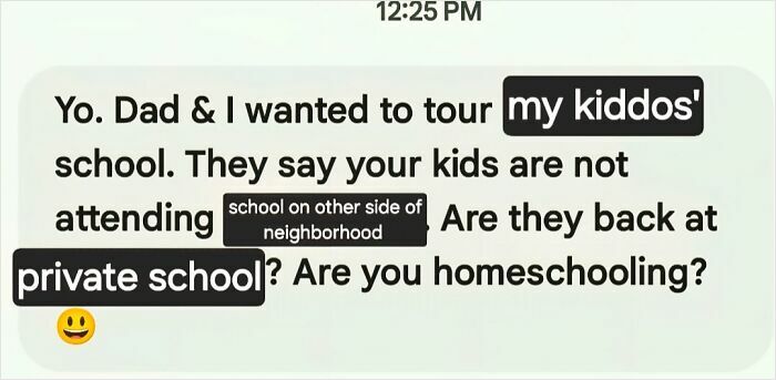 Text message showing entitled family member demanding a private school tour despite kids not attending the school.