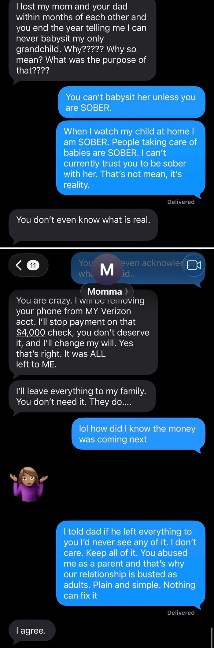 Text message exchange showing delusional family members arguing about babysitting, inheritance, and broken relationships.