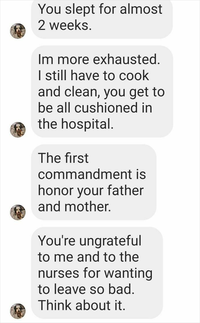 Text message showing entitled family member complaining about being exhausted while patient is cushioned in hospital.