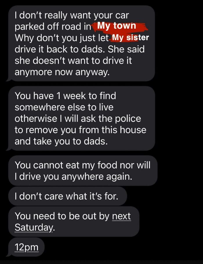 Text message showing entitled family members demanding someone move out within a week and setting strict rules about food and car use.