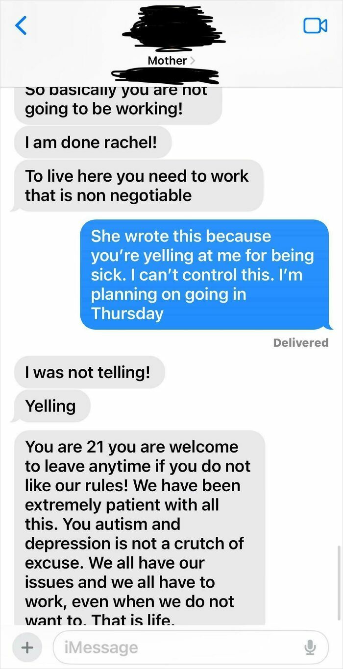 Text message exchange showing entitled family members insisting on work rules despite illness and mental health struggles.