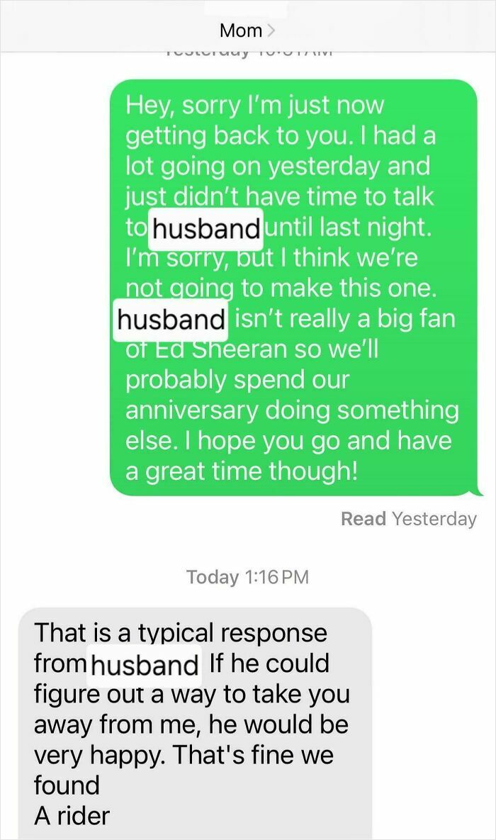 Text message exchange showing entitled family members discussing relationship and plans with highlighted word husband.