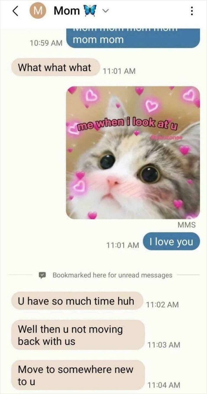 Text message exchange showing entitled family behavior with a cute cat meme expressing affection and a strict reply from Mom.