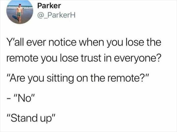 Screenshot of a humorous unhinged sentence about losing trust after misplacing the remote, from a social media post.