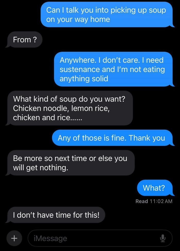 Text message conversation showing entitled family members demanding soup and threatening to withhold it if not properly requested.
