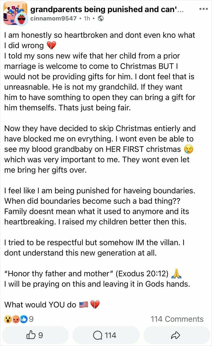 Social media post about entitled family members causing holiday disputes over gifts and boundaries.