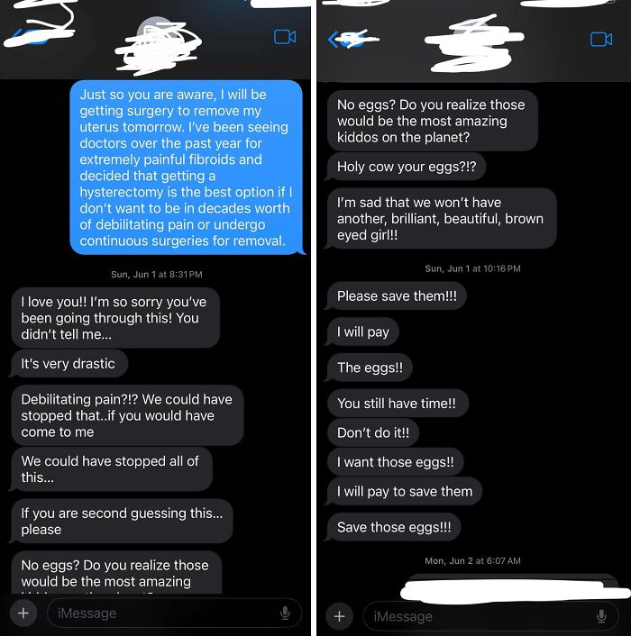 Text message exchange showing entitled family members reacting to a hysterectomy with persistent pleas about preserving eggs.