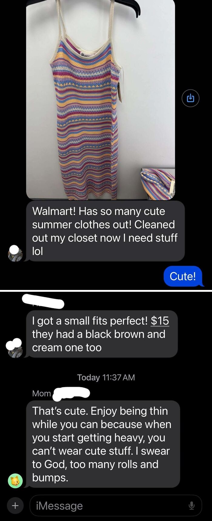 Text message exchange about cute summer dress from Walmart shows entitled family member's rude comment on weight.
