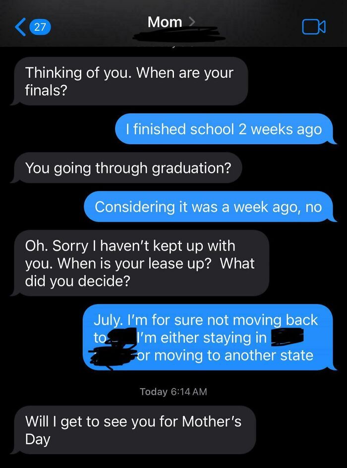 Text conversation showing entitled family members being unaware of recent life events, illustrating delusional family behavior.