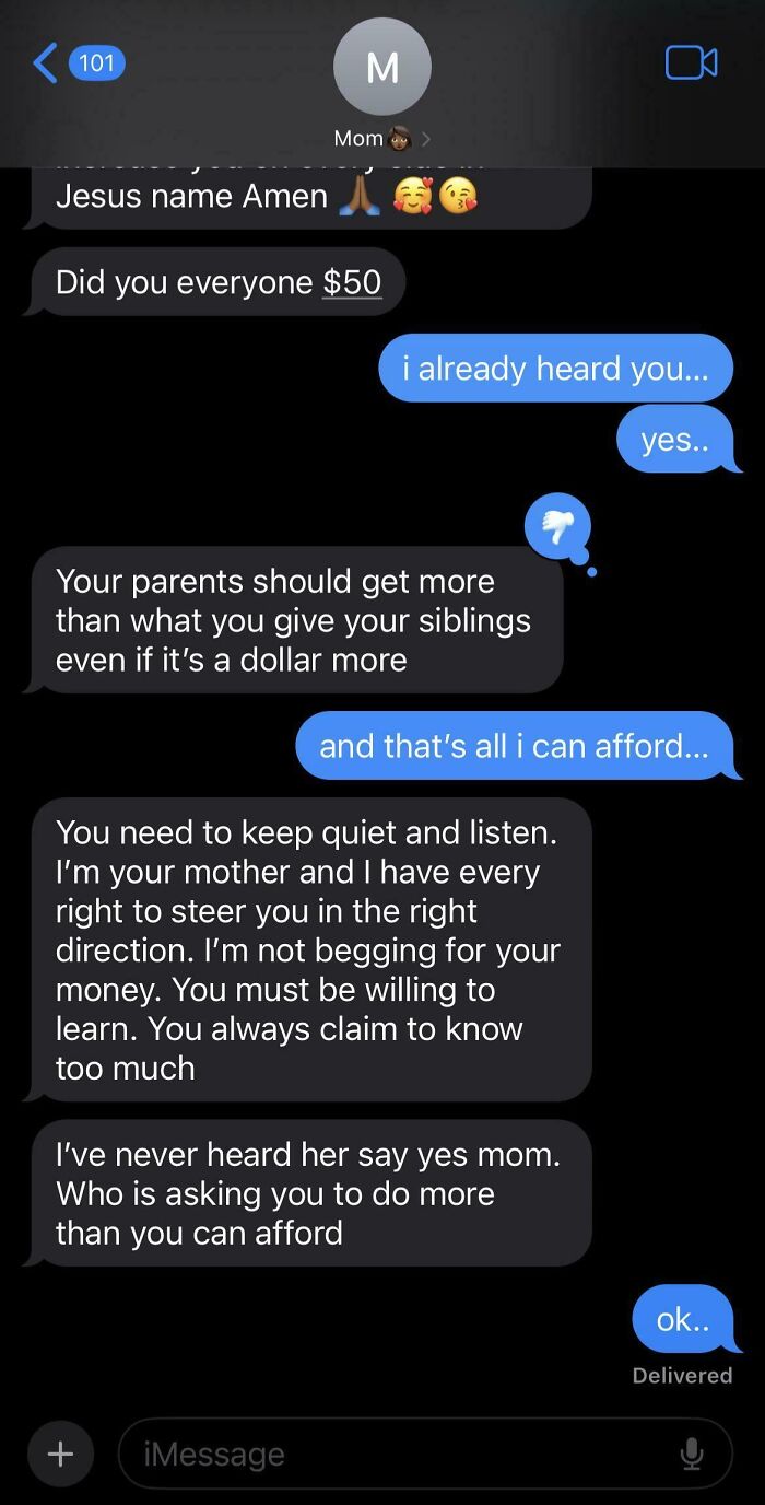 Text message conversation showing entitled family members arguing about money and financial expectations among siblings.