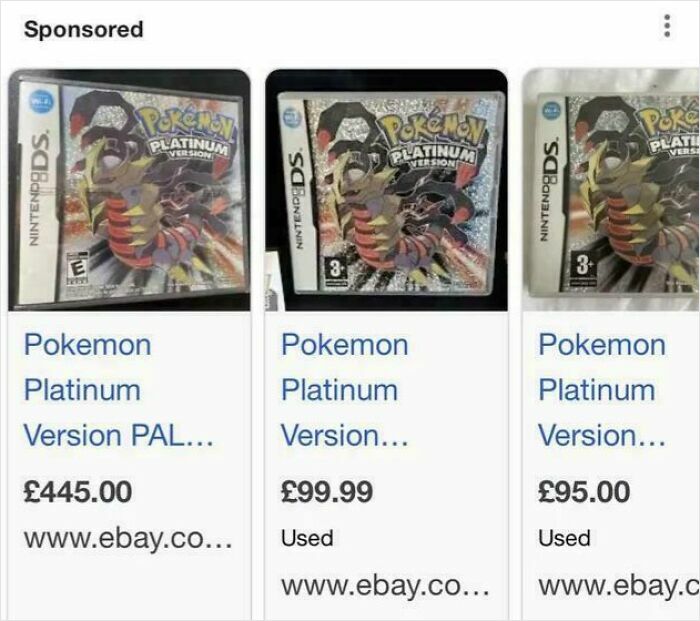 Prices of Pokémon Platinum Nintendo DS games listed online, highlighting delusional family members showing entitlement.