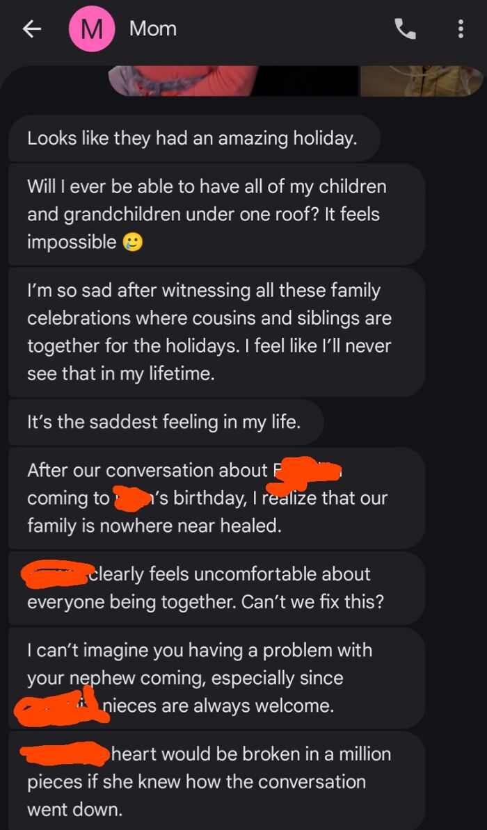 Text conversation showing a delusional family member expressing feelings of sadness and entitlement over family gatherings.