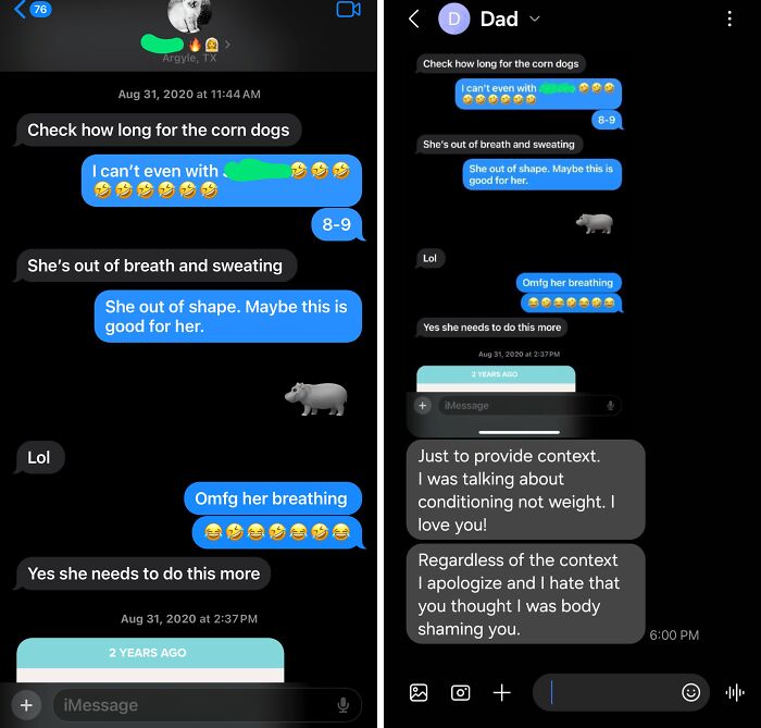 Screenshot of a text exchange showing entitled family members discussing body shape and conditioning in a humorous tone.
