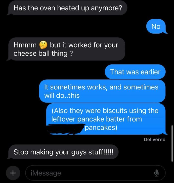 Text message conversation showing entitled family member complaining about food preparation despite explanations.