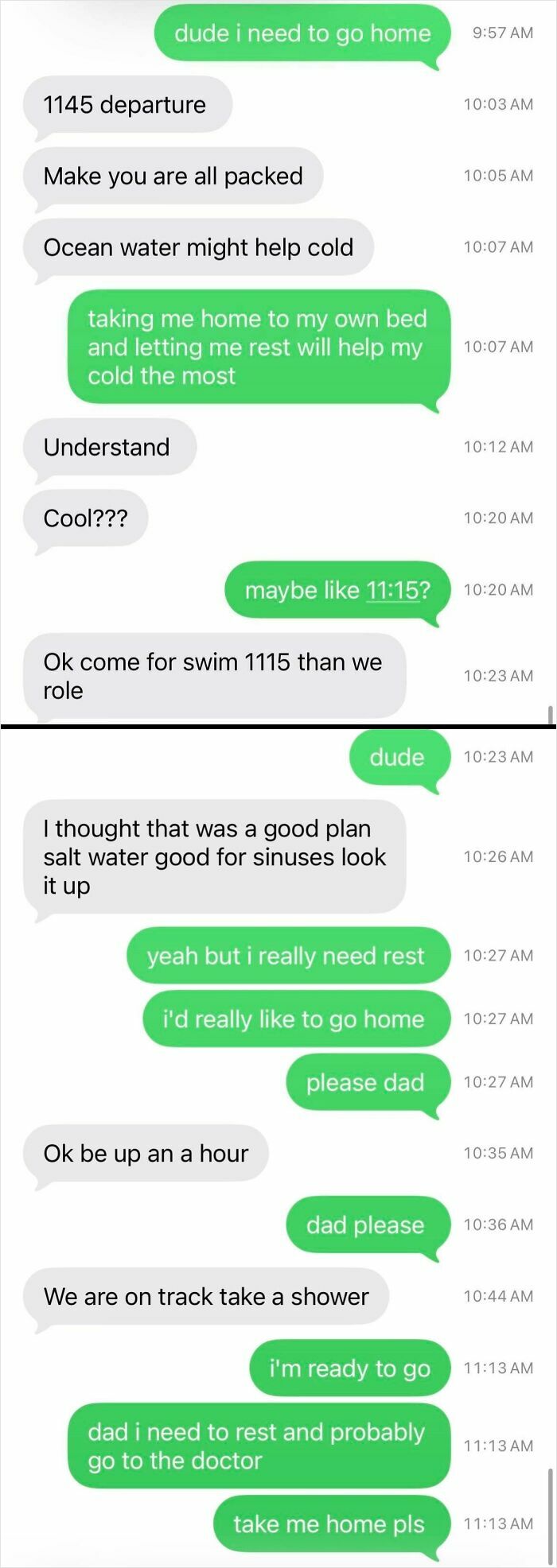 Text message exchange showing entitled family members ignoring requests to rest and go home while sick.