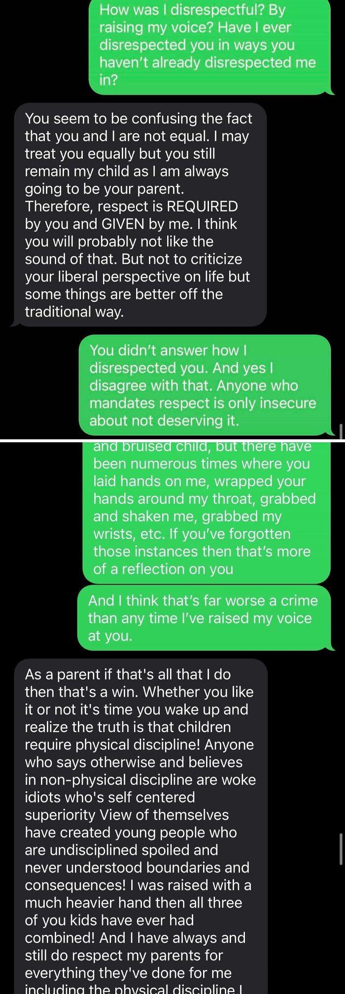 Text exchange showing entitled family members arguing about respect, discipline, and traditional parenting versus modern views.