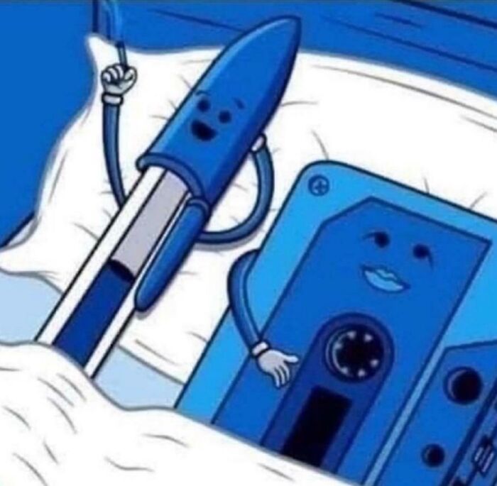 Cartoon pen and cassette tape with faces lying in bed, representing nostalgic and relatable Gen X humor.