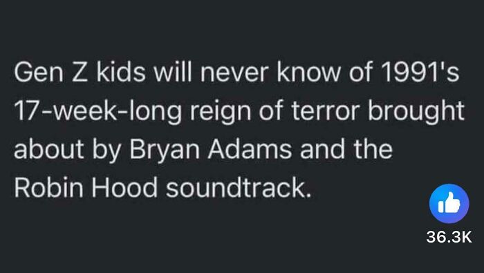 Screenshot of a nostalgic Gen X post referencing Bryan Adams and the Robin Hood soundtrack from 1991.