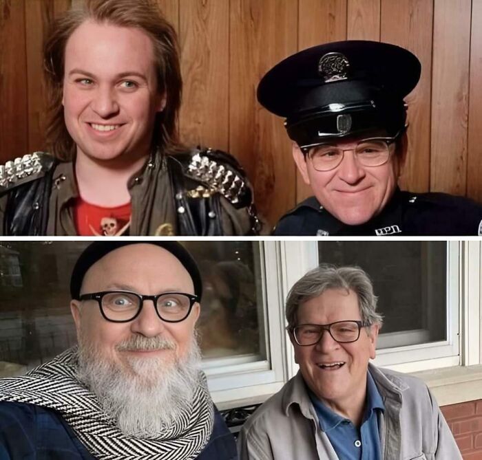 Side-by-side photos showing nostalgic Gen X friends, one younger in costume and one older with glasses, smiling together.