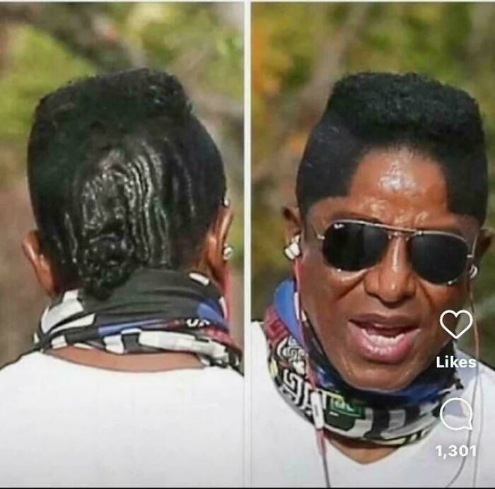 A man from behind and front, wearing sunglasses, with a very slicked-back and uneven, unfortunate haircut.