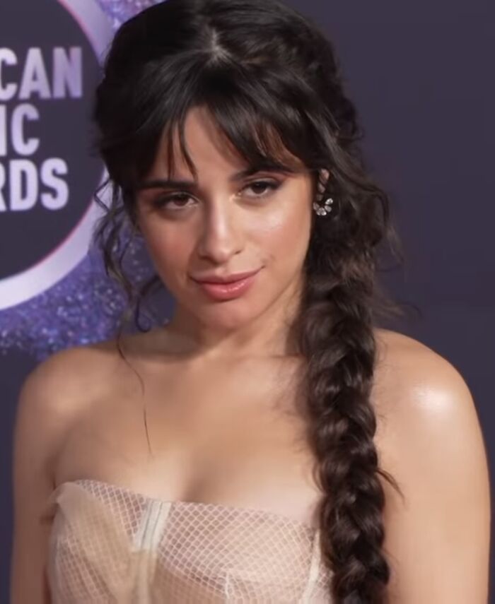Camila Cabello with long braided hair and elegant outfit at a music awards event, highlighting her career and bio.