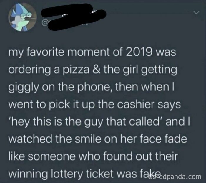 Screenshot of a cringy and sad moment where a pizza order causes an awkward cashier interaction online.