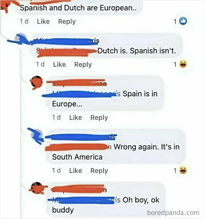 Online comments showing people trying correcting someone and failing miserably over geography facts about Spain and South America.