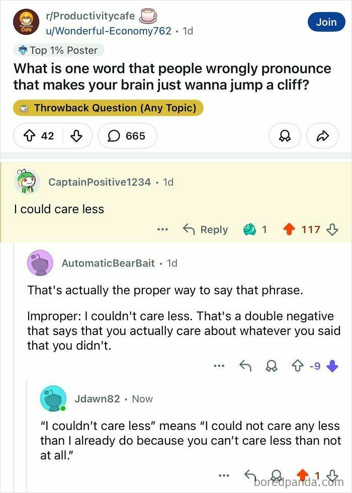 Reddit thread showing a failed attempt at correcting the common phrase involving caring less, highlighting language misuse.