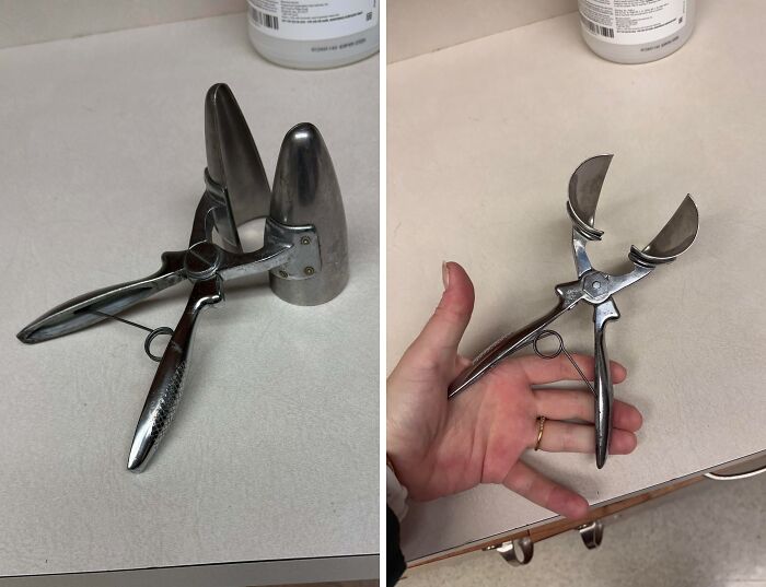 Metal handheld tool with curved blades used in medical or dental procedures, featured in internet mystery solved posts.