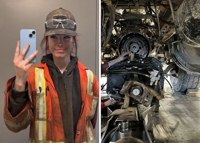 Woman in safety gear taking selfie after working with power tools on heavy machinery in a workshop environment