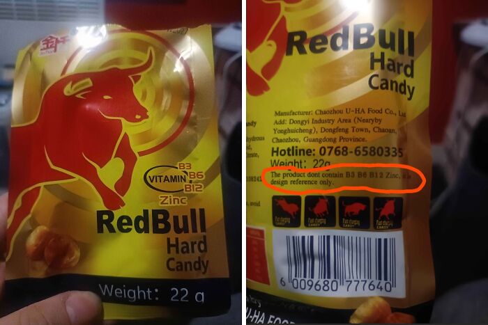 Red Bull hard candy packaging with a warning that the product does not contain vitamins but uses design references for advertising.