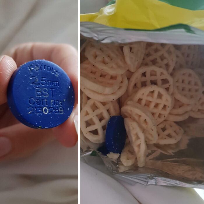 Blue medical capsule found inside a snack bag, one of the unidentified objects solved by the internet community.