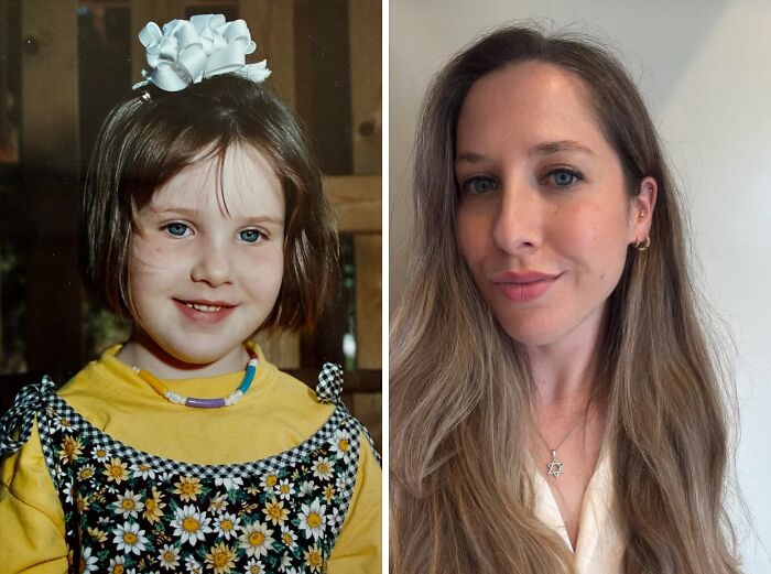 Side-by-side then and now photos of a woman showing how time transforms appearances over the years.