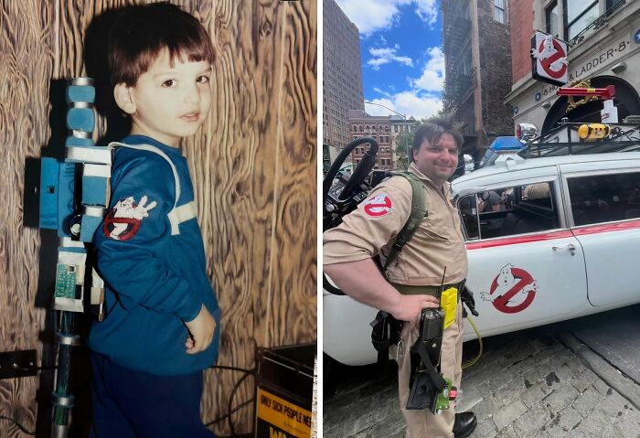 Side-by-side then and now photos show a man in Ghostbusters costume with a classic Ghostbusters car on city street.