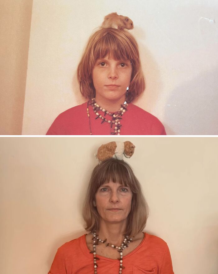 Then-and-now photos showing the transformation of a woman wearing similar clothes and a hamster on her head over time.