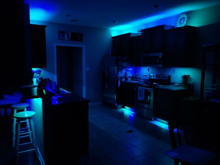 Modern kitchen illuminated with blue LED lights, creating a visually striking scene perfect for scientific facts about light and perception.